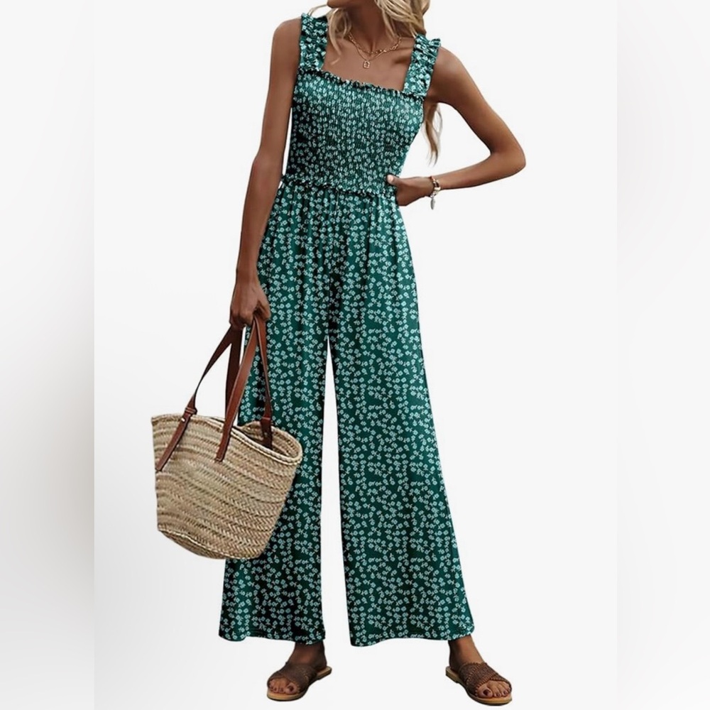 LUXVEER NWT S (M good too) TEAL Floral Wide-Leg POCKETS Jumpsuit